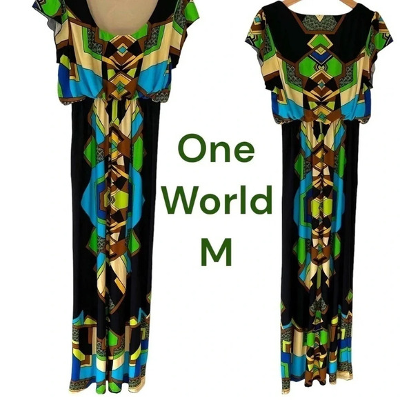One World live & let live M black green blue yellow boho print maxi‎ dress Y2K - Picture 1 of 7